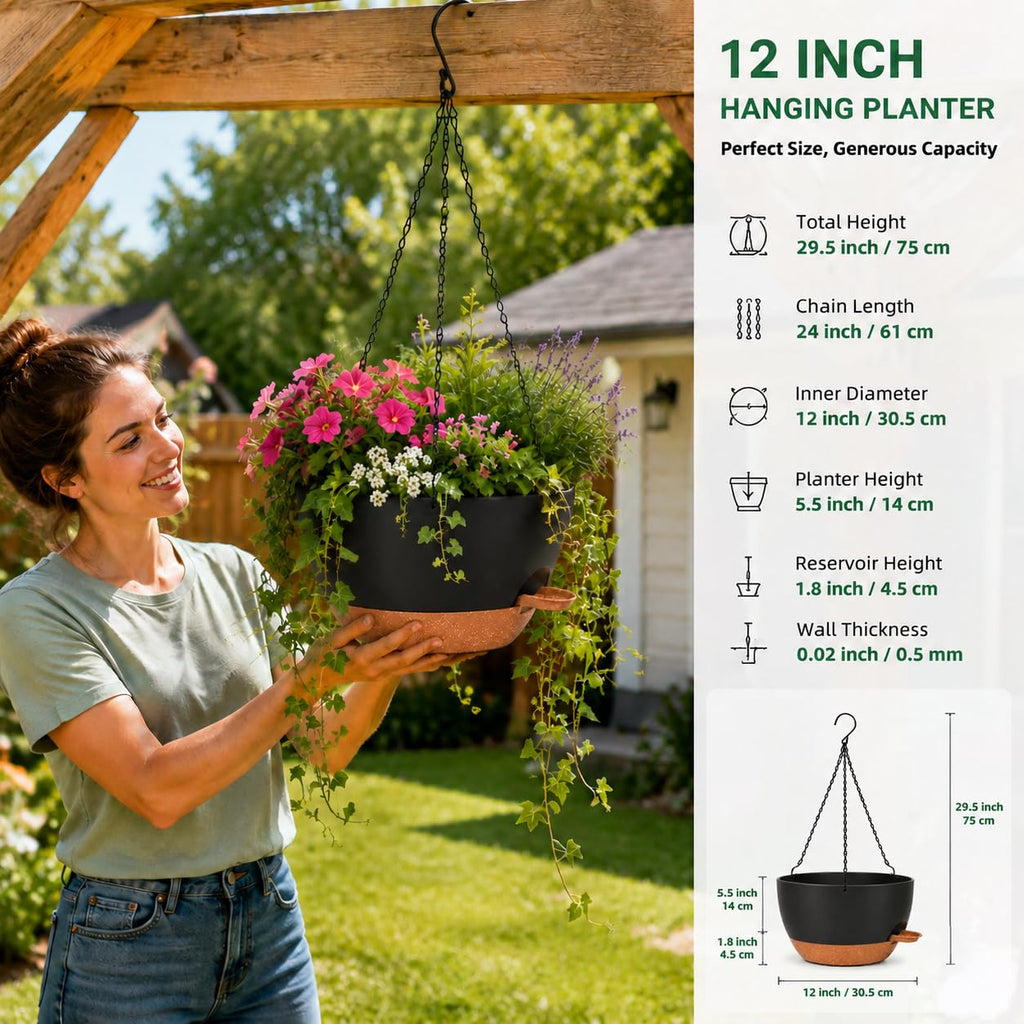 12" Self Watering Hanging Planters with Chains, Black Brown, 2 Pack