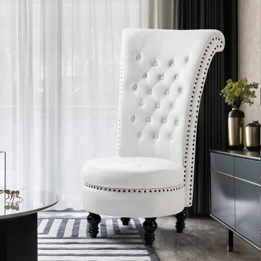 High Back Velvet Throne Chair with Storage & Nailhead Trim, White