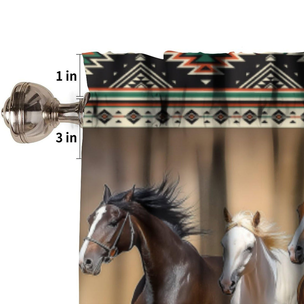 Aztec Horse Valance Curtains, Vintage Western Rustic Desert Navajo Horse Herd Running Window Short Panel Blackout
