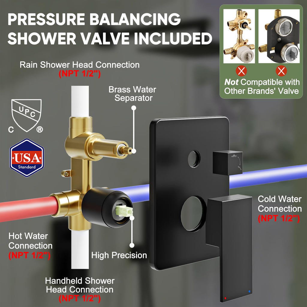 Black Shower System, Wall Mounted Shower Faucet Set with Valve, 10-Inch Rainfall Shower Head with Handheld Combo