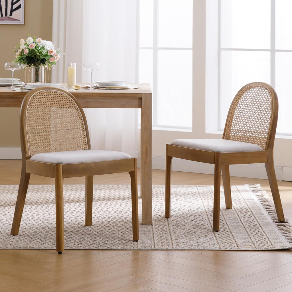 Rattan Dining Chairs Set of 2, Upholstered Linen Dining Room Chairs with Backrests, Modern Kitchen Chairs with Wood