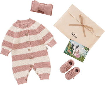 Knit Cotton Newborn Piece Set with Romper, Hat/Hair Band, Booties