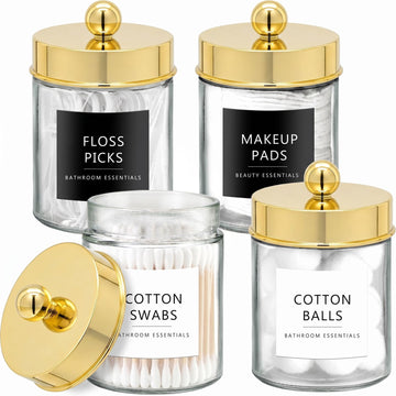 Glass Apothecary Jars Qtip Holder w/Plastic Lids, Gold 4pc