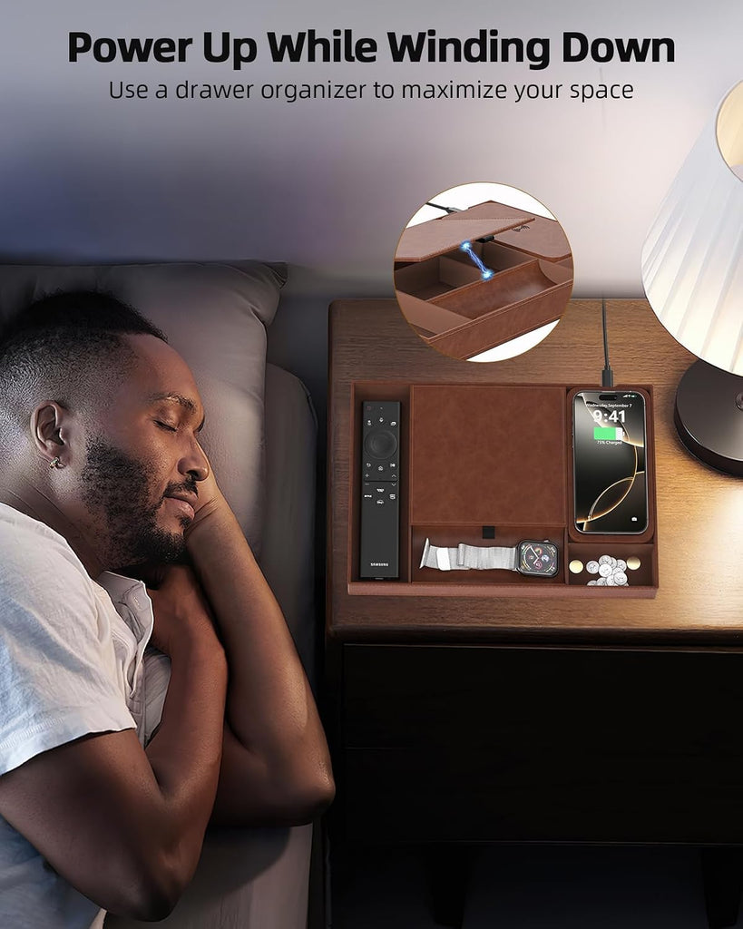 Leather Valet Tray with Wireless Charging Pad - Luxury EDC Nightstand Organizer for Men - Premium Desk Tray