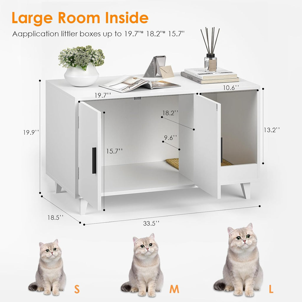 Cat Litter Box Enclosure, 33.5" Wood Hidden Litter Cat House with Scratching Mat, Double Cabinet Doors, White