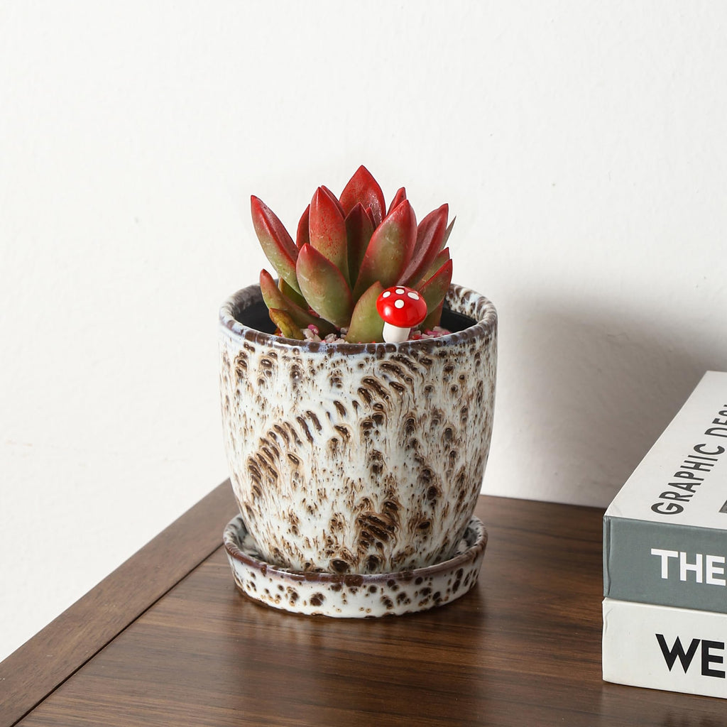 Succulent Pots, 4 Inch Small Indoor Ceramic Planter Pot with Drainage Holes and Saucers for Plants- Reactive Glaze