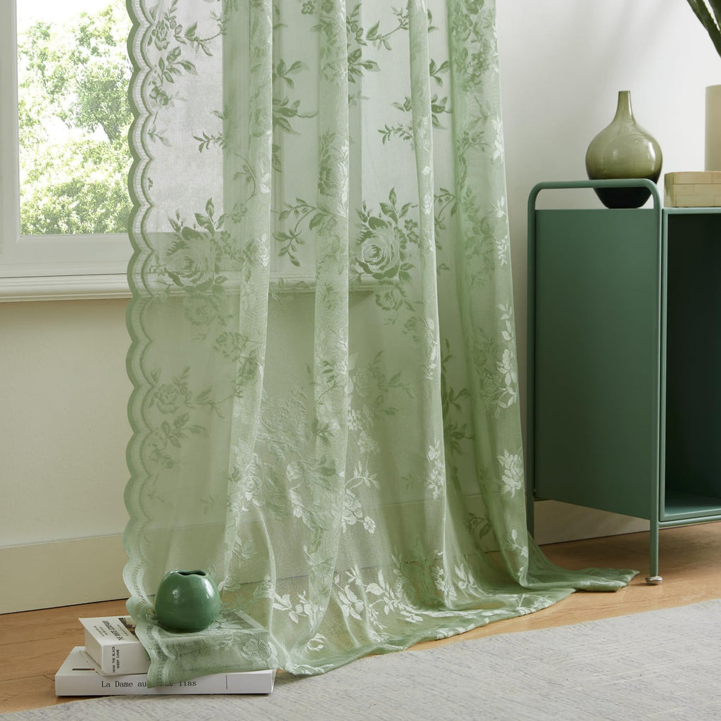Sage Green Lace Curtains 108 Inches Long Spring Country Floral Sheer Curtains Rod Pocket Light Filtering Vintage