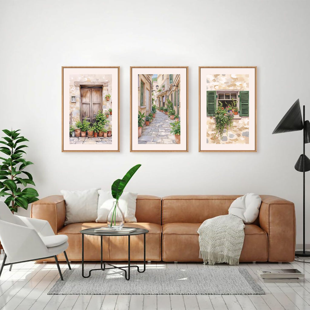 Italy Streets Travel Framed Wall Art Set, Green Botanical Wall Decor, Vintage Italian Style Countryside Villages Wall
