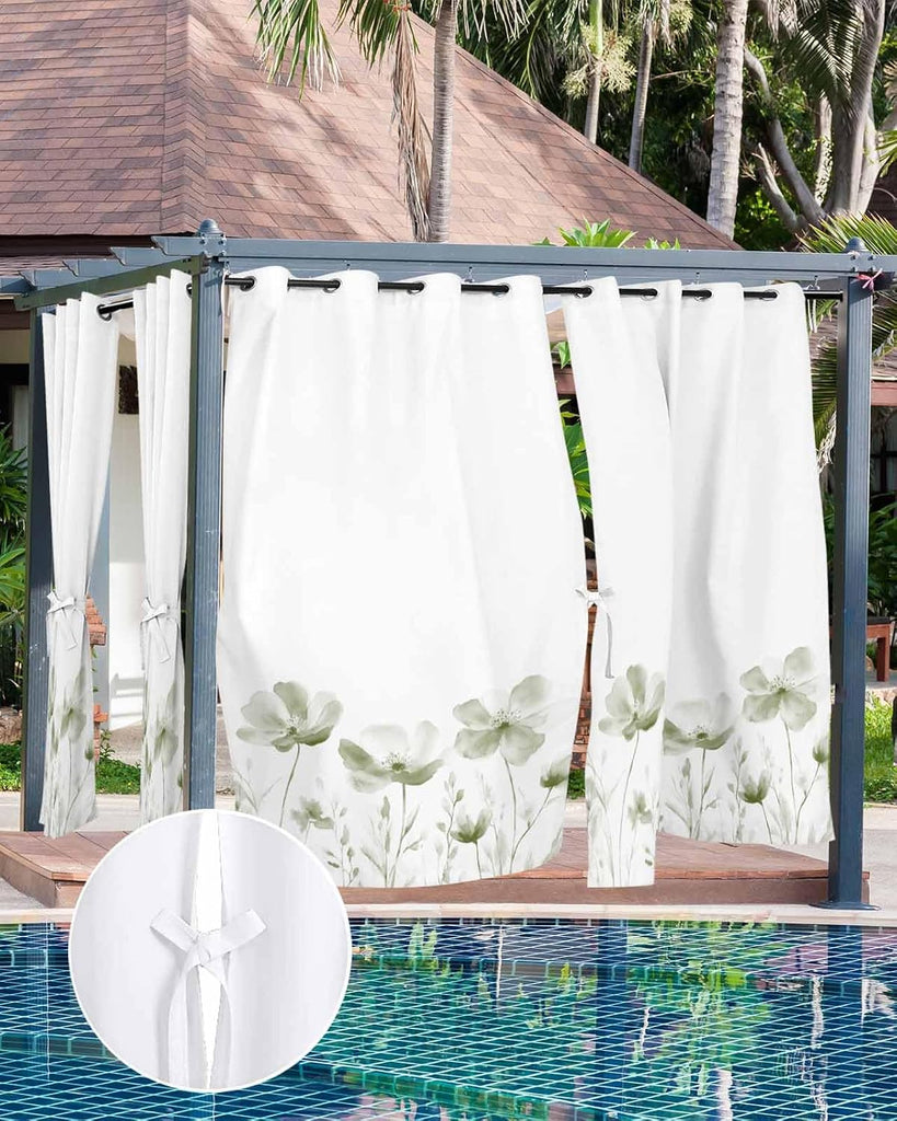 Outdoor Curtains Waterproof, Simple Style Watercolor Retro Sage Green Floral Lines Grommet Weatherproof Privacy