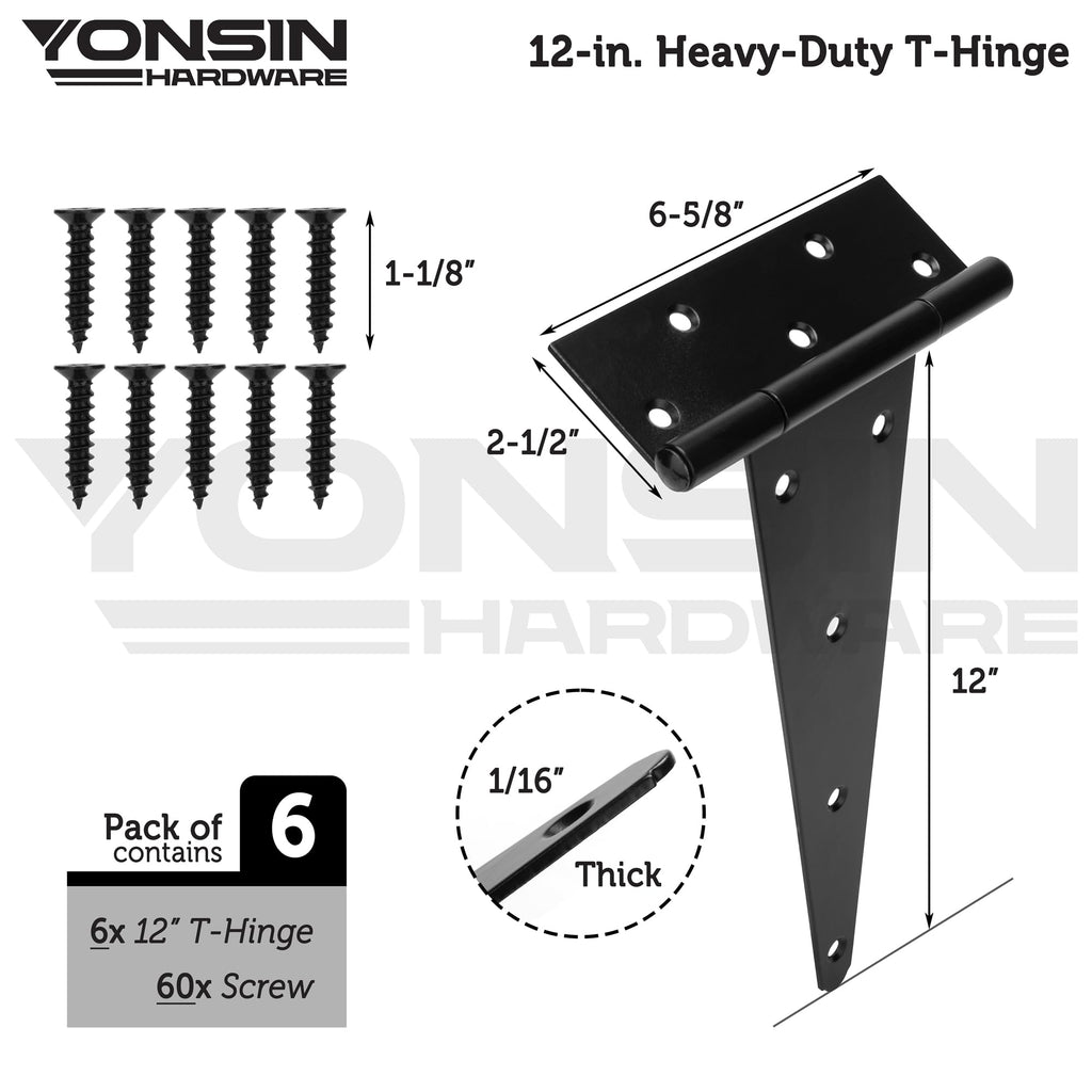 12" T-Strap Shed Door Hinges 6Pcs, Heavy Duty Black Tee Hings for Wooden Fence Gate, Outdoor T Hinges