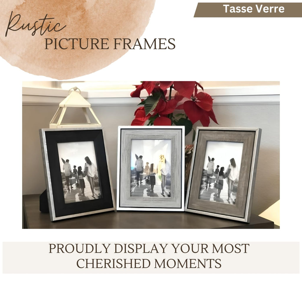 4x6 Rustic Picture Frames (3-Pack) - Distressed Farmhouse Industrial Table Frame - Ready to Hang or Stand - Built-in