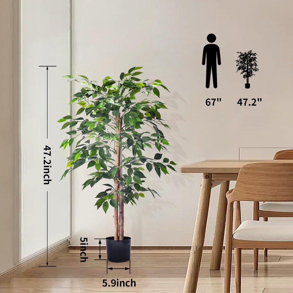 2Packs 4FT Artificial Ficus Trees with Realistic Leaves and Natural Trunk, Faux Ficus Tree with Sturdy Plastic