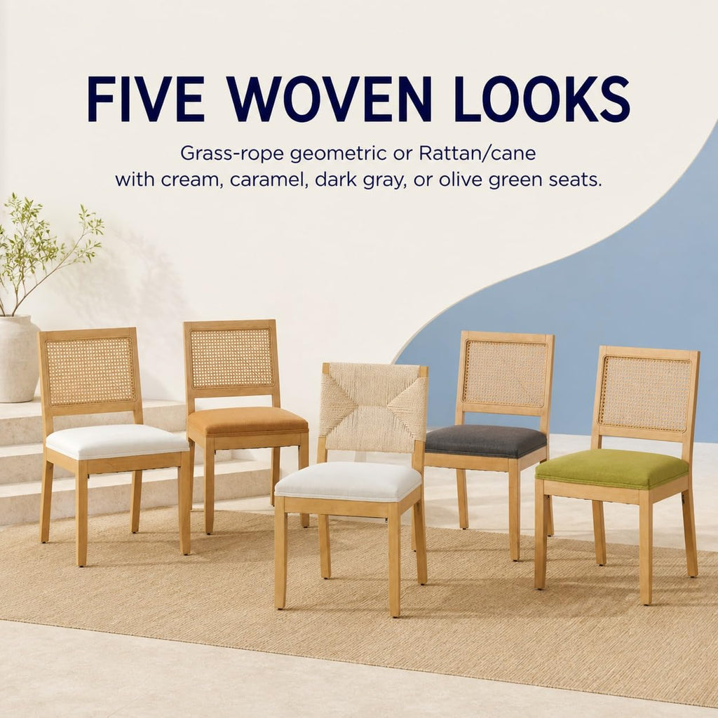 French Country Dining Chairs Set of 6, Farmhouse Kitchen & Dining Room Chairs, Beige Boho Wood Dinning Chair with