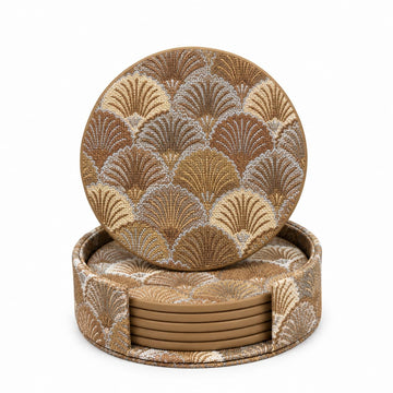 4 Inches Art Deco Coasters Set of 6 with Holder, Mocha