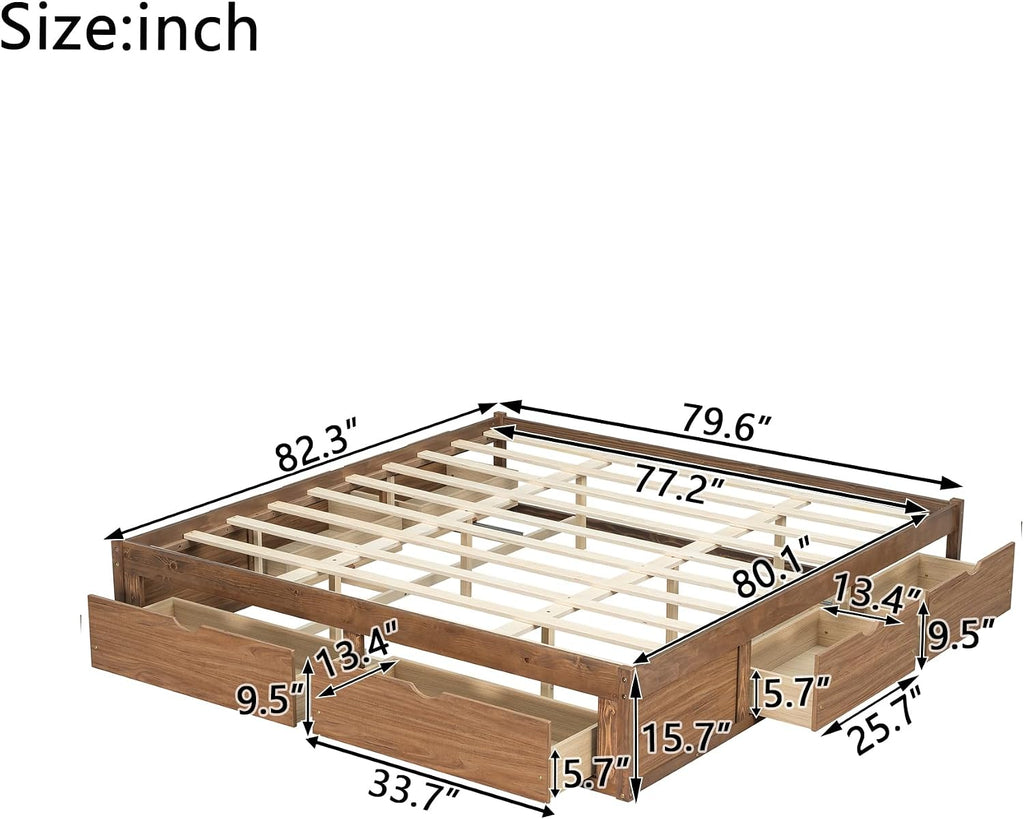 King Size Wooden Floor Bed Frame with 6 Storage Drawers