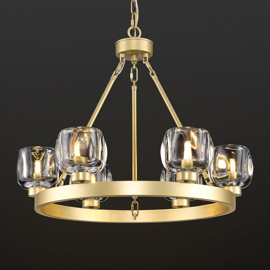 Gold Wagon Wheel Chandelier, 24 Inch Brass Chandeliers with Unique Glass Shade, 6-Light Crystal Farmhouse Wagon Wheel Chandeliers for Dining Room, Round Chandelier for Living Room, Foyer, Entryway A126-B0DT4BGKF7