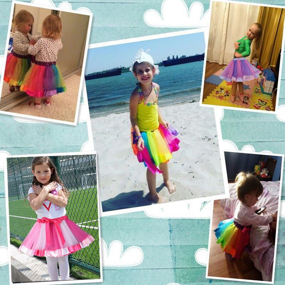 Layered Ballet Tulle Rainbow Tutu Skirt for Little Girls Dress Up with Colorful Hair Bows