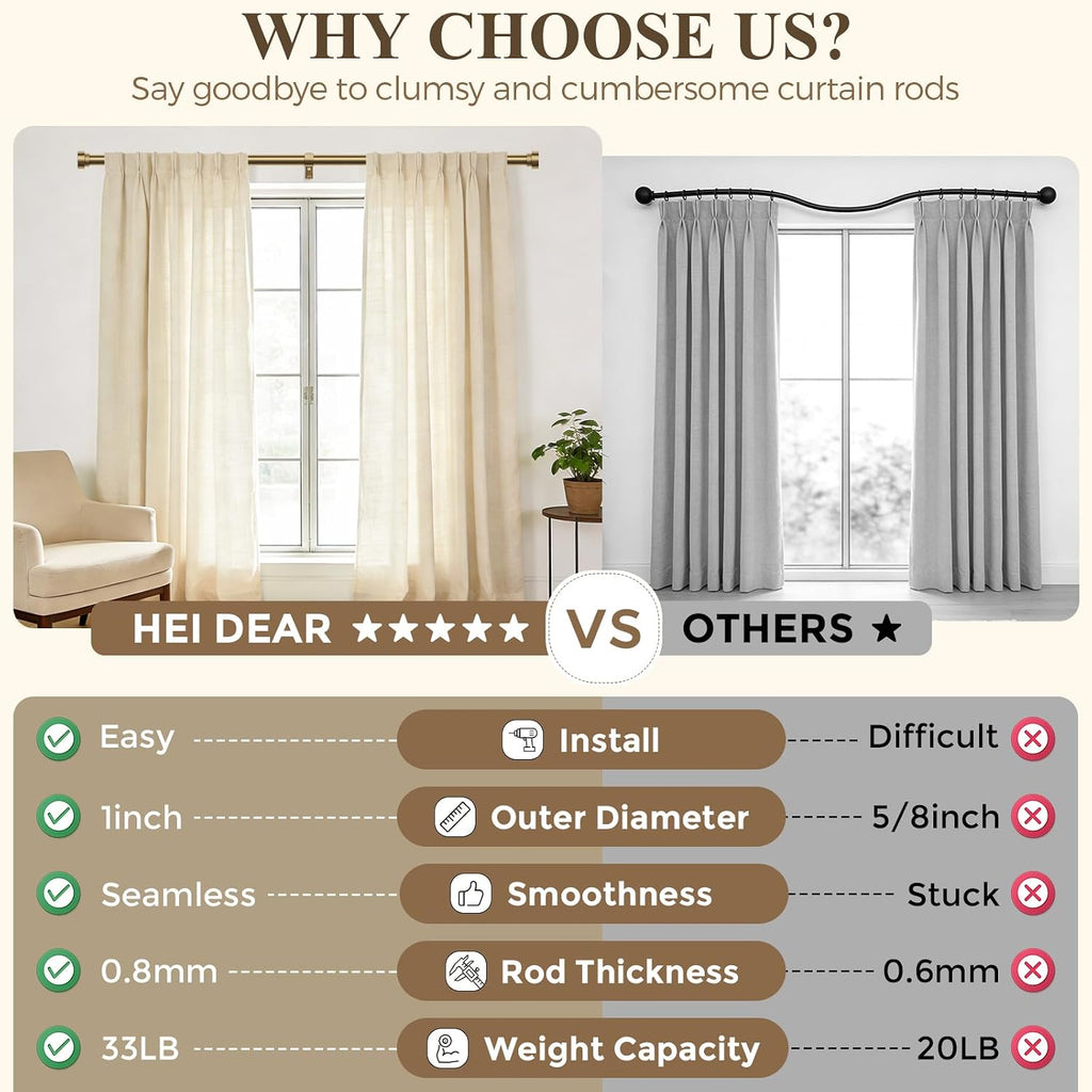 Brass Gold Curtain Rod, Brushed Warm Gold 1" Adjustable Long Heavy Duty Curtain Rods for Windows