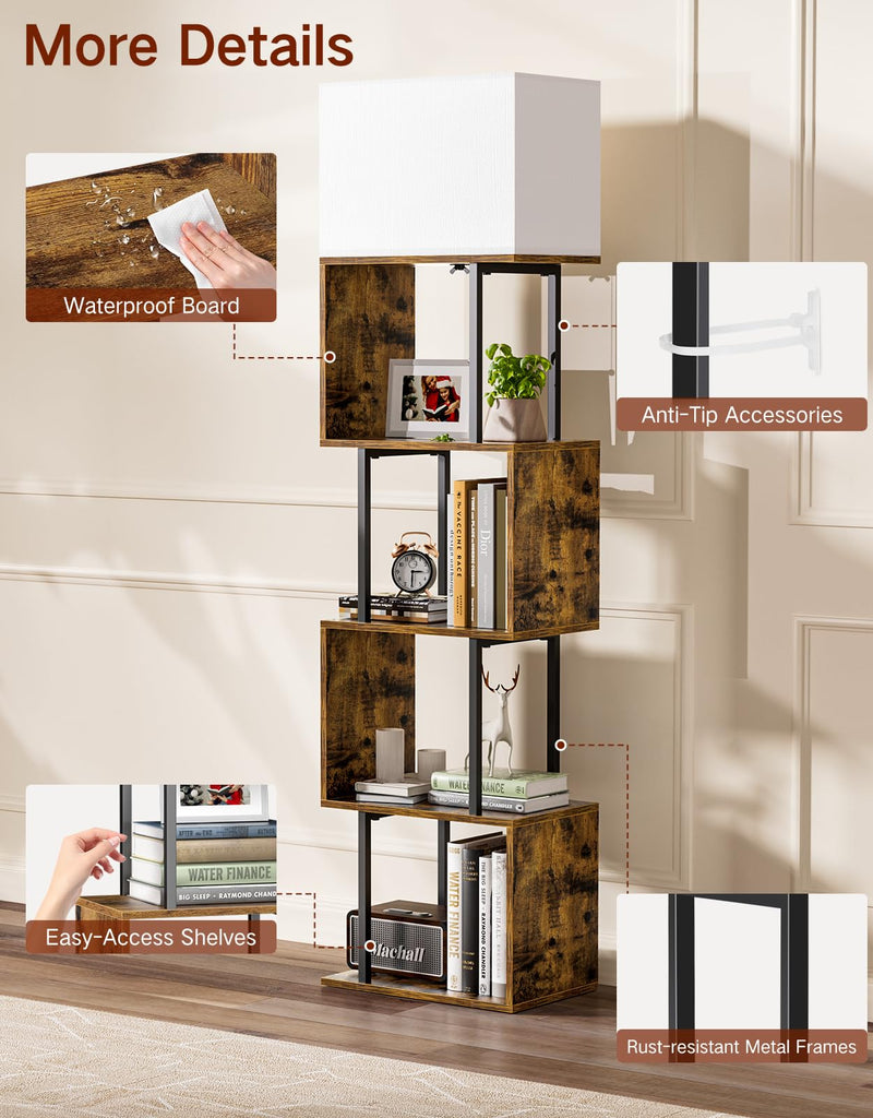 Floor Lamp with Shelves & Remote, Dimmable S-Shaped Bookshelf with 3 Color Temperature, 1-Hour Timer, Tall