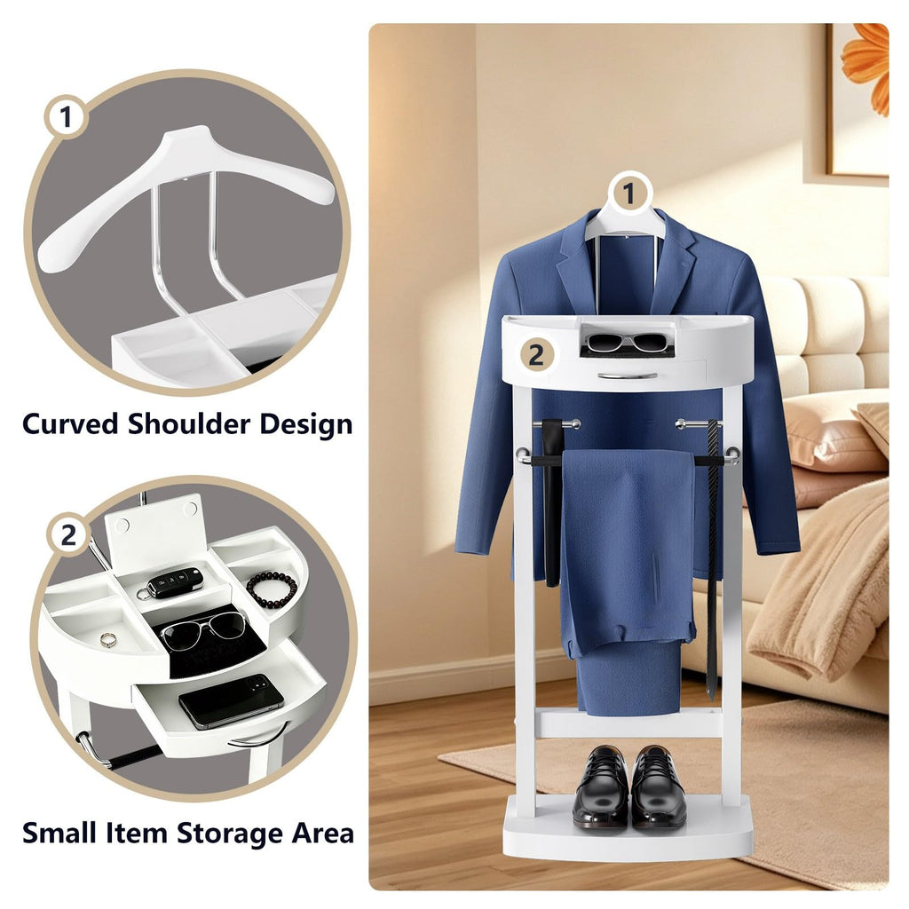 Freestanding Solid Wood Suit Valet Stand with Tie Bar, Suit Stand for men