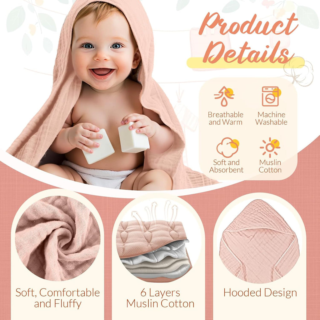 12 Pcs Baby Muslin Hooded Towels Washcloths, Pink Beige Series