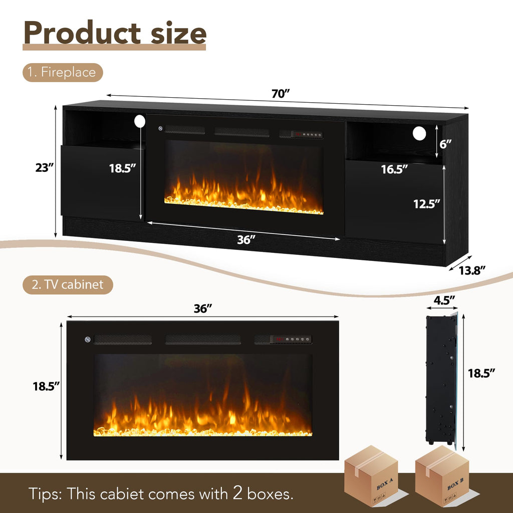 Fireplace TV Stand with 36'' Electric Fireplace Up to 80" TVs, LED Light Entertainment Center, Modern Wood Texture