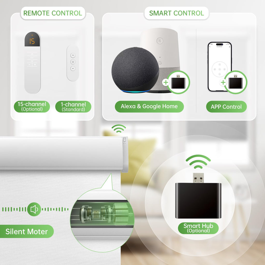 Motorized Blinds with Remote, No Drill Cordless Roller Shades, 100% Blackout Smart Blinds, White