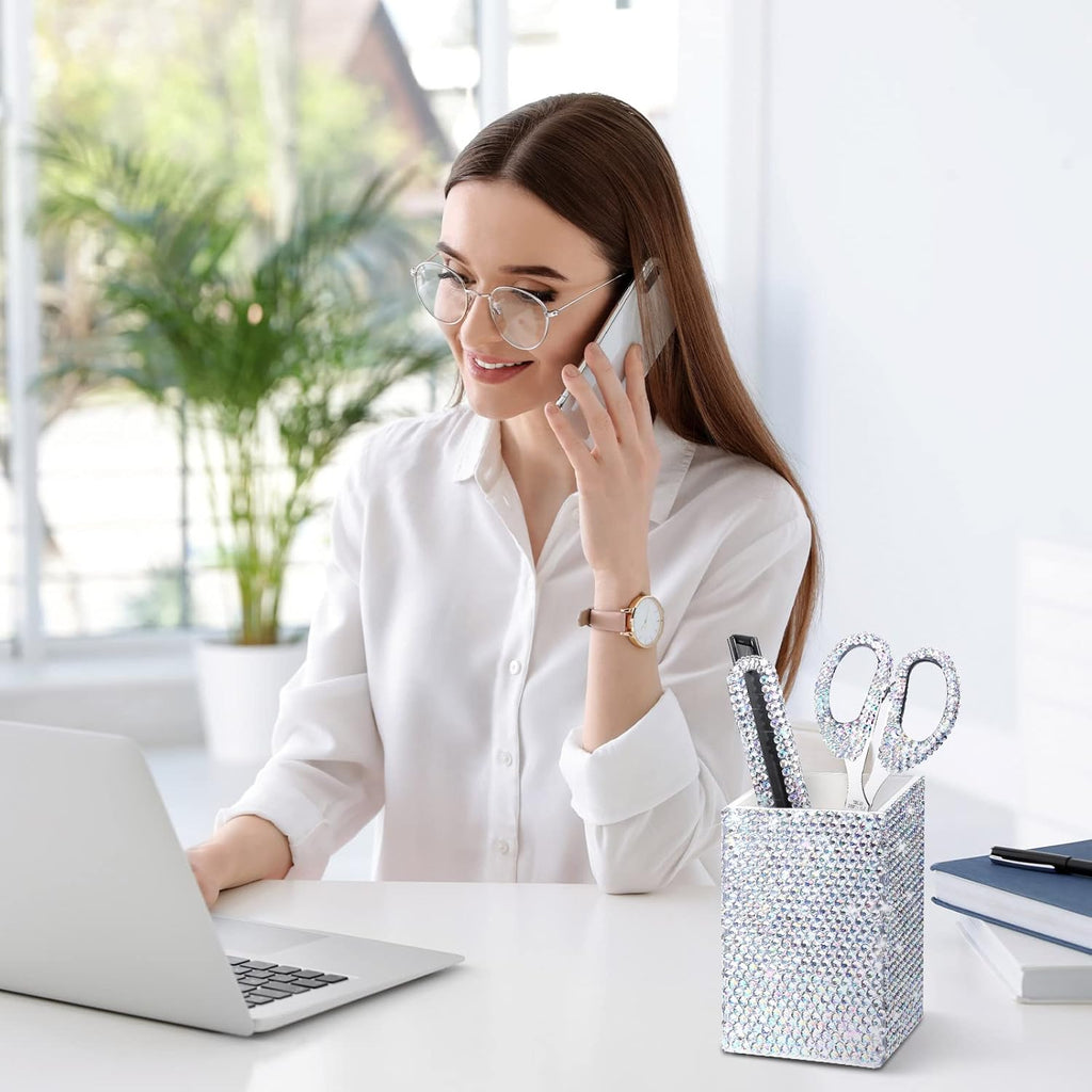 White 7 Pieces Bling Desk Accessories Set Glitter Crystal Office Stationery Kit for Women Diamond Tape Dispenser