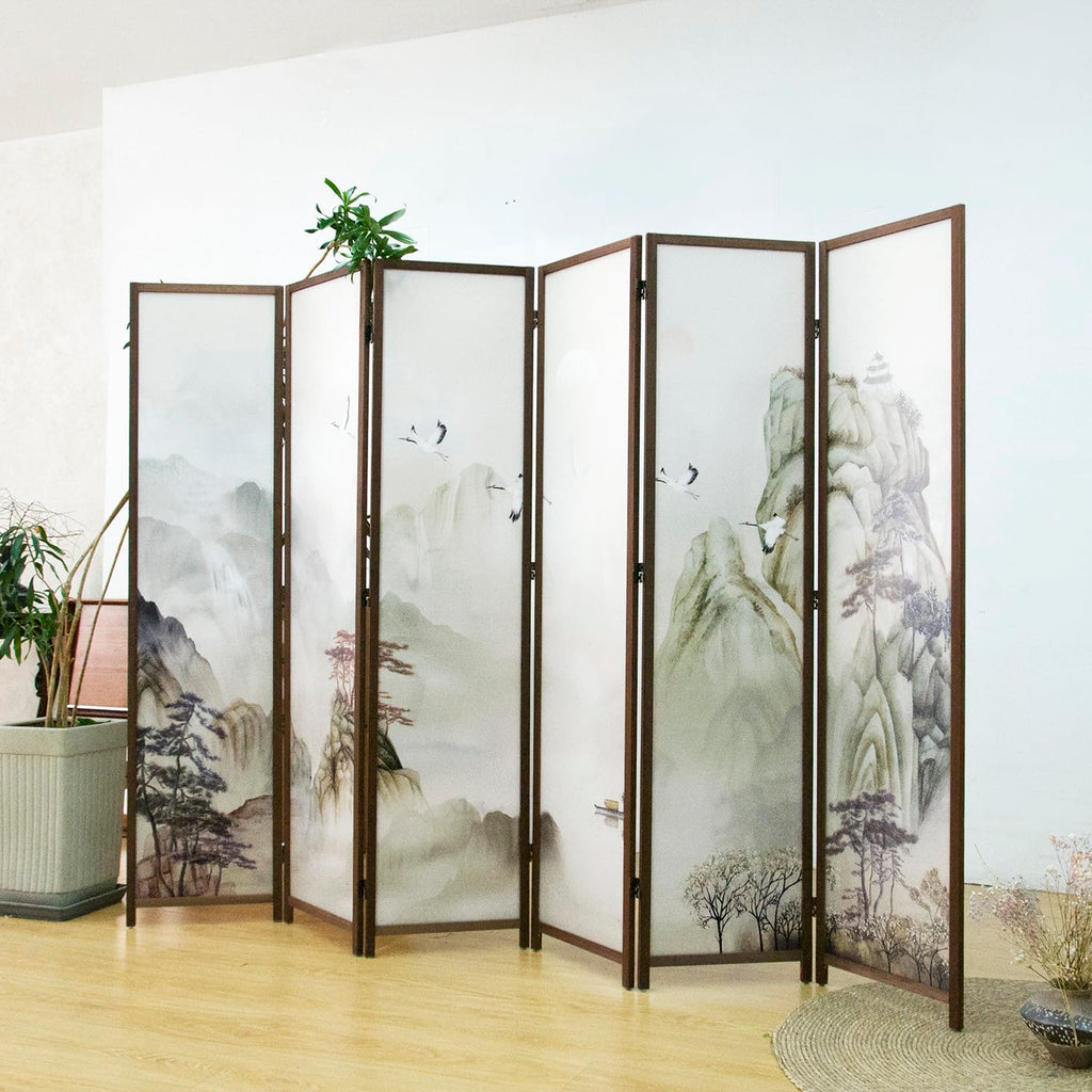 6 Panel Room Divider Screen, Double Faced Room Divider Folding Wall Divider for Room Separation, Mountains and Waters