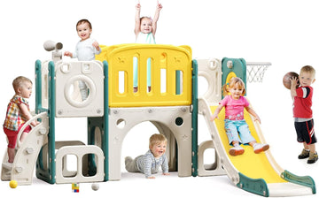 8 in 1 Toddler Slide Set, Kids Slide for Toddlers, Toddler Climber Slide PlaySet with Basketball Hoop,Outdoor Indoor