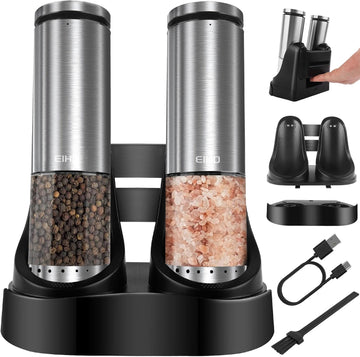 Electric Salt and Pepper Grinder Set USB Rechargeable, Upgraded External Adjustable Coarseness, Stainless Steel