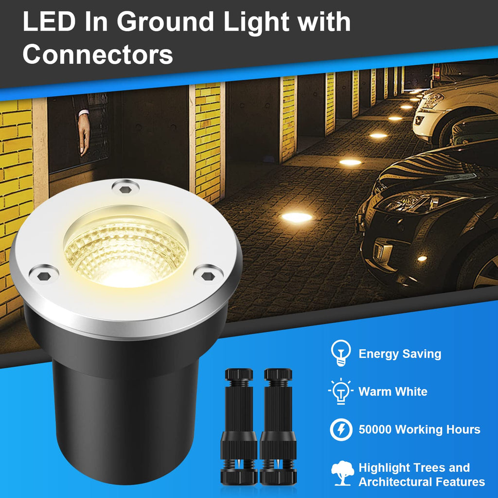 LED Landscape Lights, 12 Pack 7W Ground Lights With 24 Connectors, Low Voltage In-Ground Well Pathway Lighting, Warm