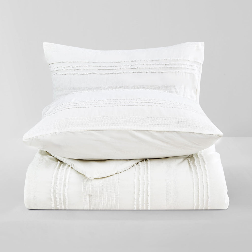 White Comforter Set Queen, Clipped Jacquard Striped Cotton Lightweight Comforter with Pillow Shams, Fluffy Bedding