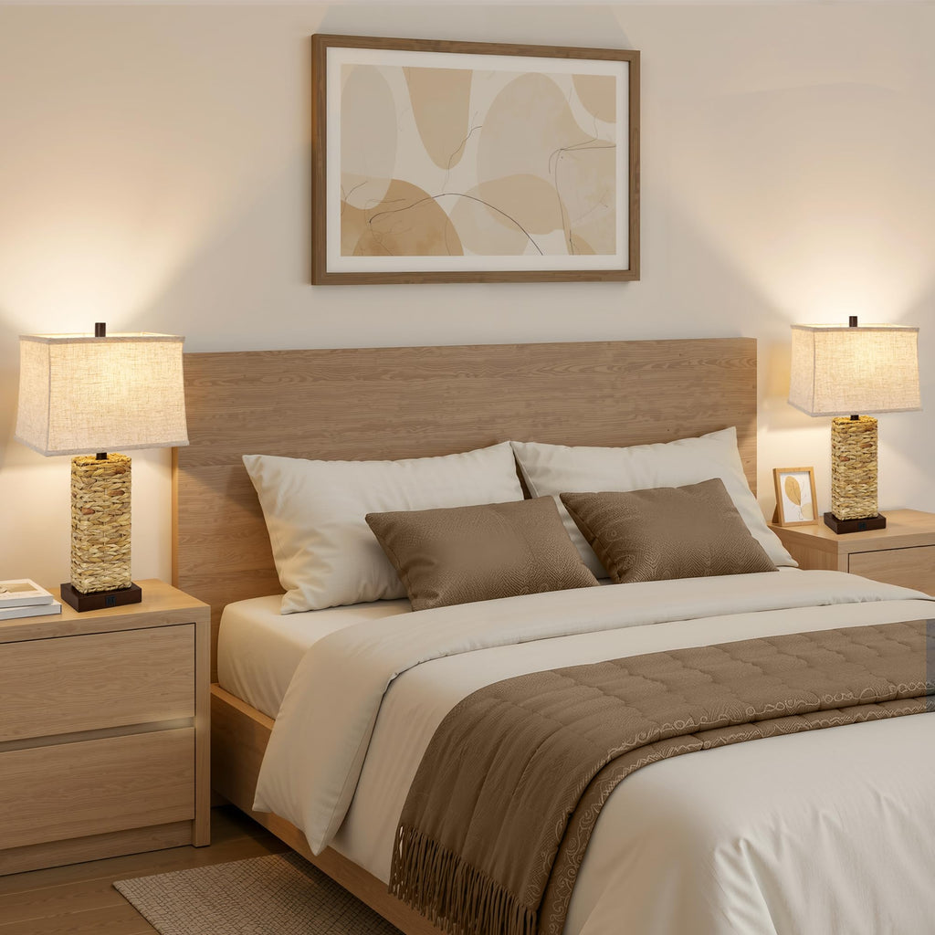 Rattan Table Lamps Set of 2, Bedside Lamps Nightstand
