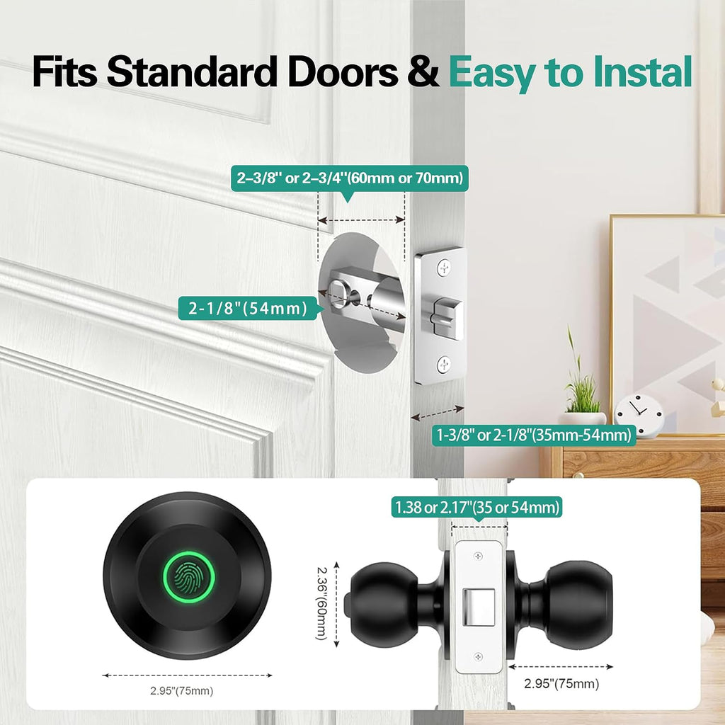 Smart Door Knob, Fingerprint Door Knob, Biometric Smart Door Lock with App Control, Metal Alloy Door Knobs, Easy