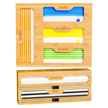 Bamboo Bag Storage Organizer - 2 Wrap Dispenser with Cutter & 4 Slots Food Storage Bags Container - Kitchen Drawer