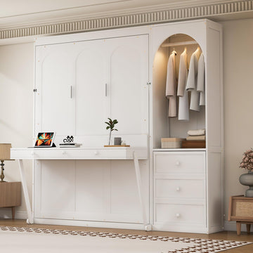 Queen Murphy Bed with Desk and Storage & LED Light, Solid Wood Murphy Wall Bed Cabinet with Storage Drawers &Clothes