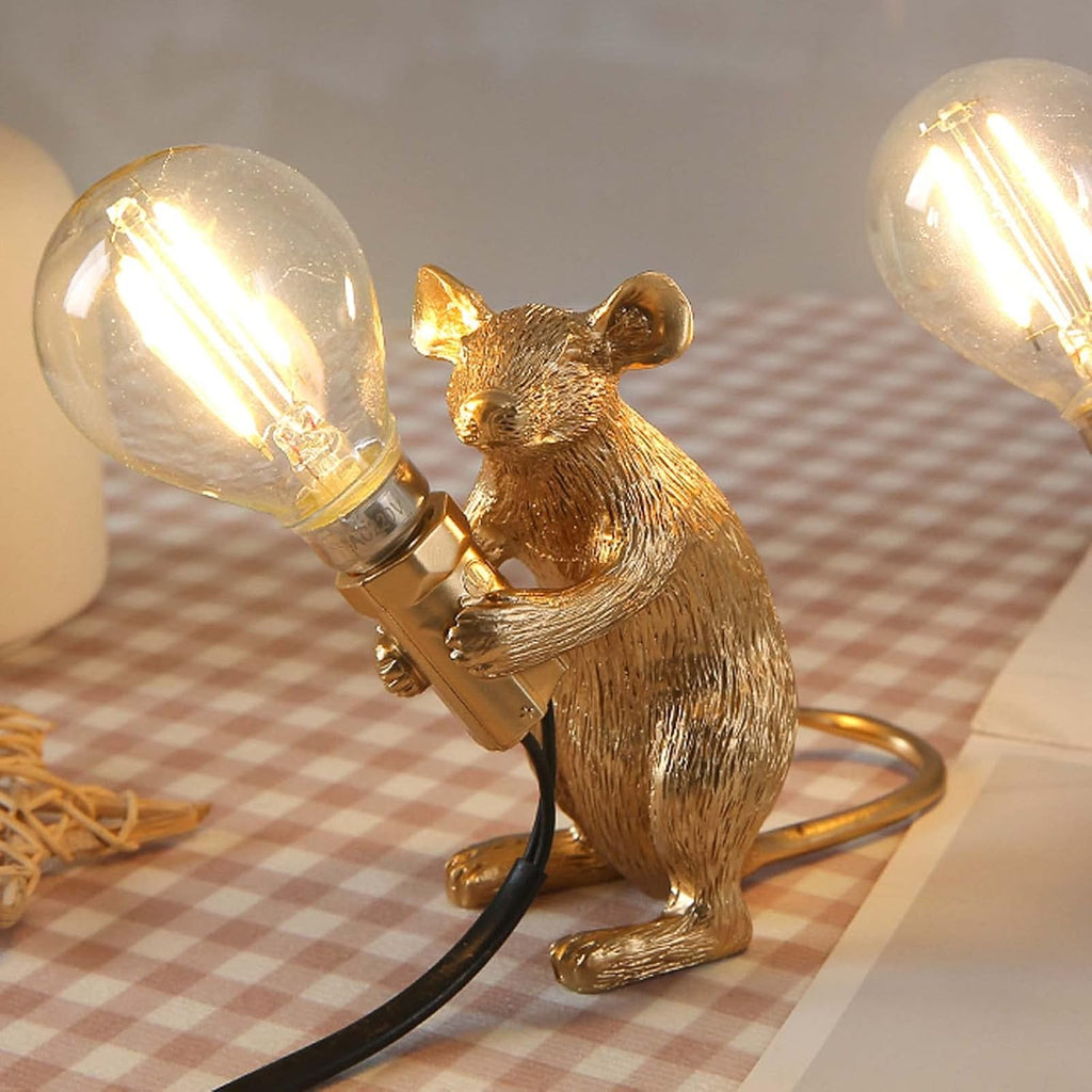 Cute Mouse Table Lamp, Gold Standing Resin Animal Desk Light with E12 LED Bulb Included, Warm Glow Mini Bedside Lamp