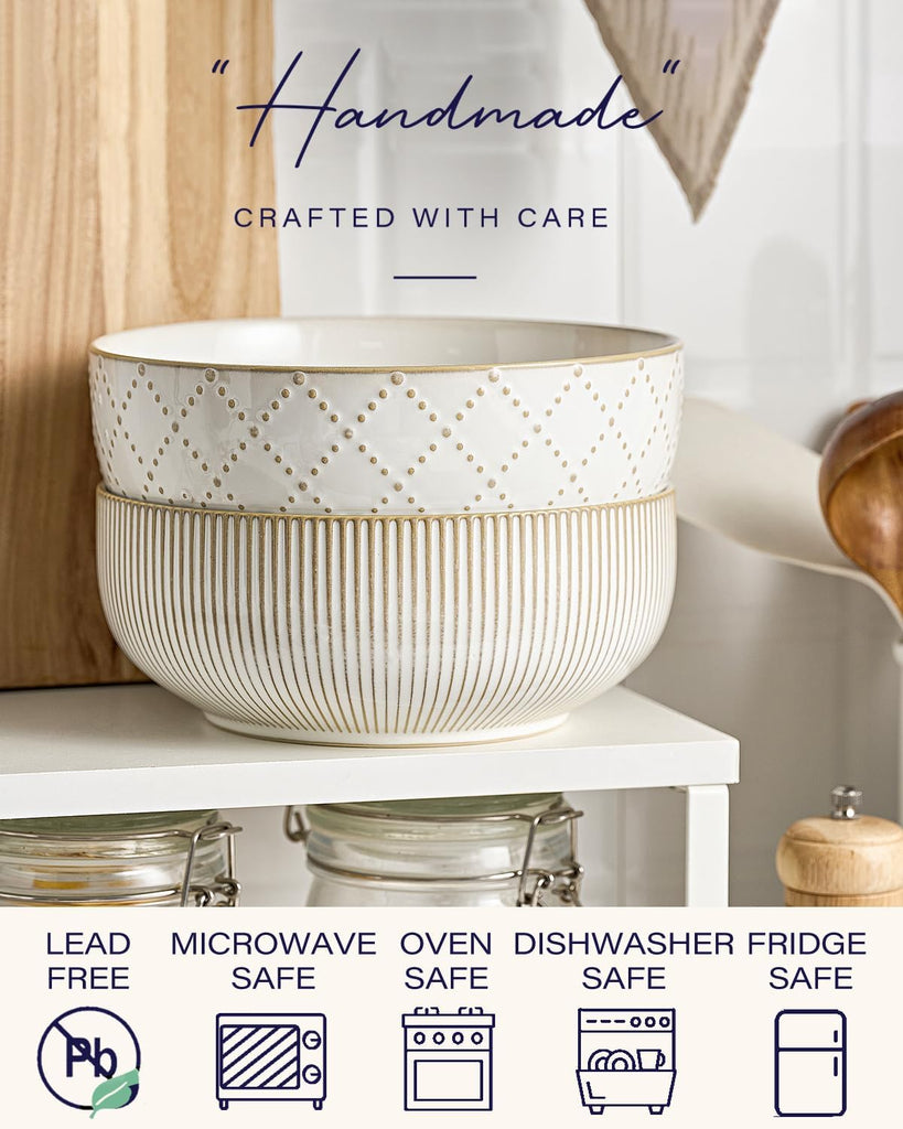 Large Serving Bowls (8 inch & 60 fl oz), Ceramic Salad Bowl Set of 2, Microwave and Dishwasher Safe, Farmhouse