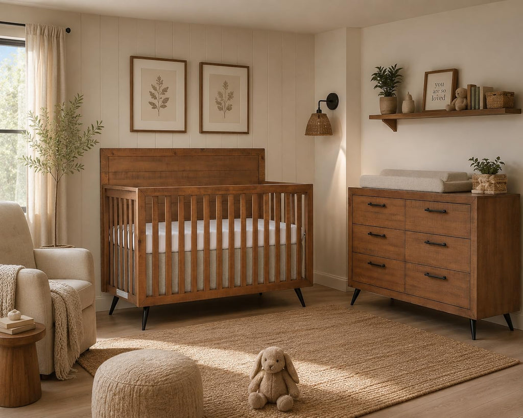 Évolur Stilnovo Mid-Century 4-in-1 Convertible Baby Crib in Sugar Cane, GreenGuard Gold & JPMA, Converts to Toddler