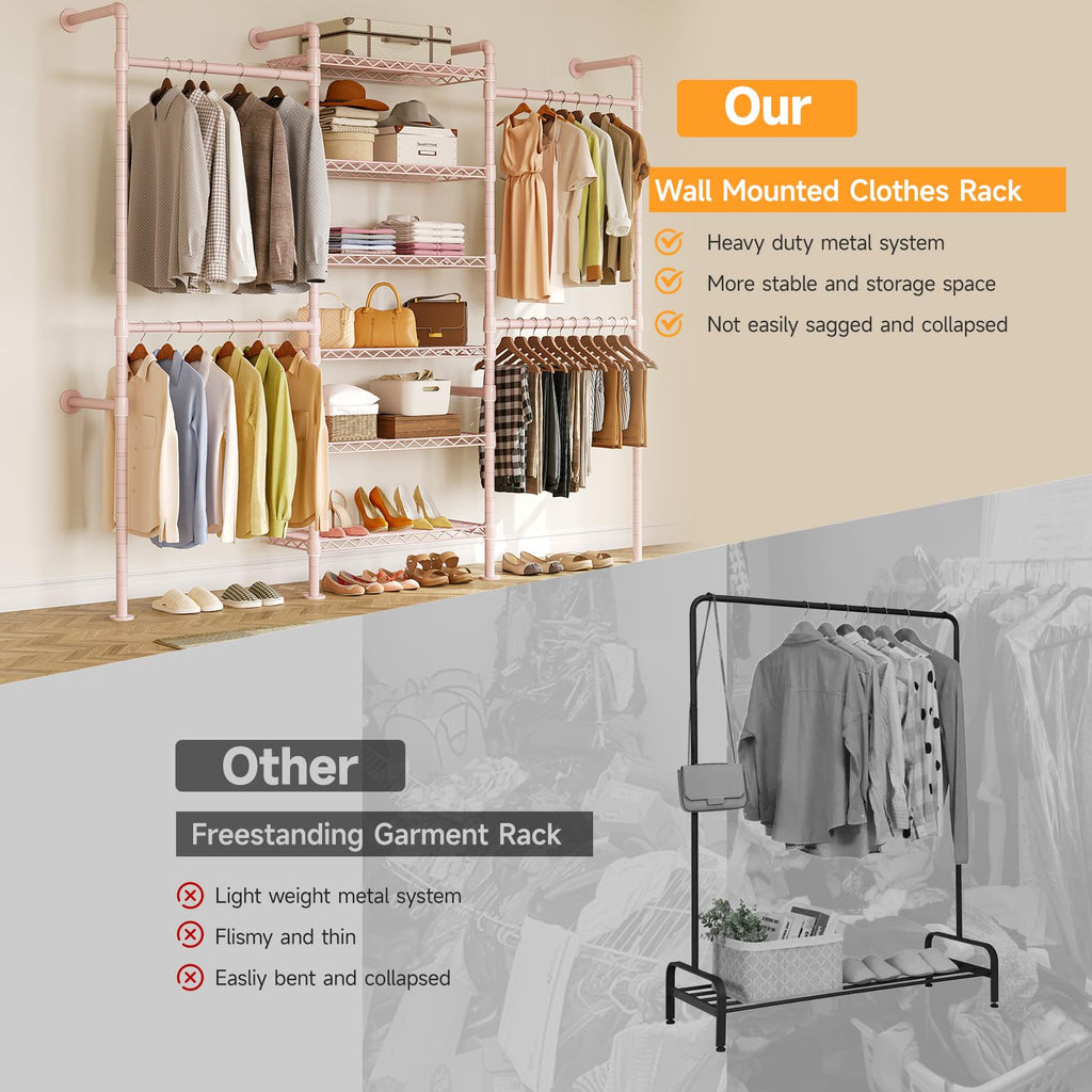 H3 Wall Mounted Closet System, Industrial Pipe Clothing Rack, Pink