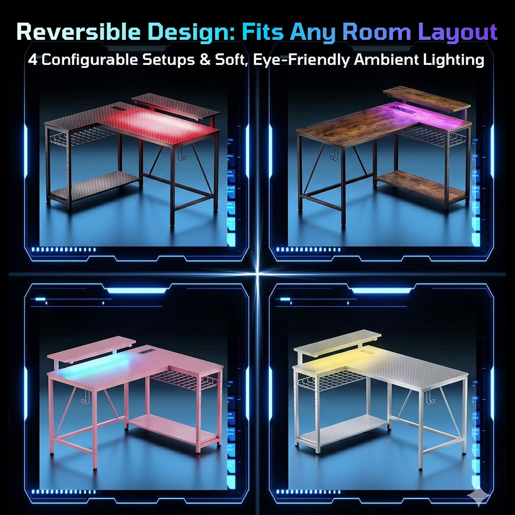 42-Inch L-Shaped Computer Desk with Charging & LED, Black | Charging 2AC+USB+Type-C, RGB LED Strip, Reversible