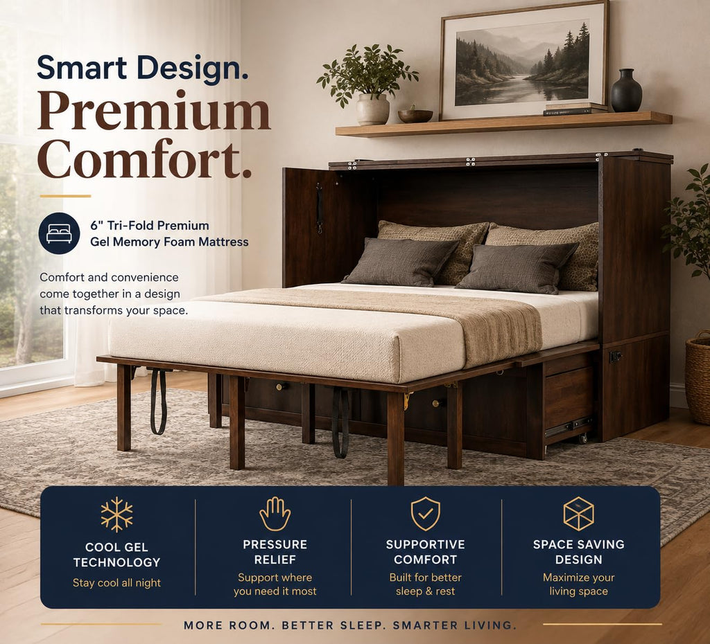 Murphybedz Tuscany Murphy Cabinet Chest Bed with Charging Station 6 Inch (Tobacco, Queen)