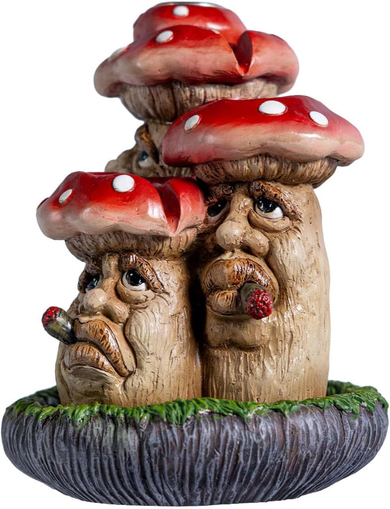 Whimsical Toadstool Mushroom Backflow Incense Burner with Faces, Red and White Polka Dot Design, Garden Gnome Style