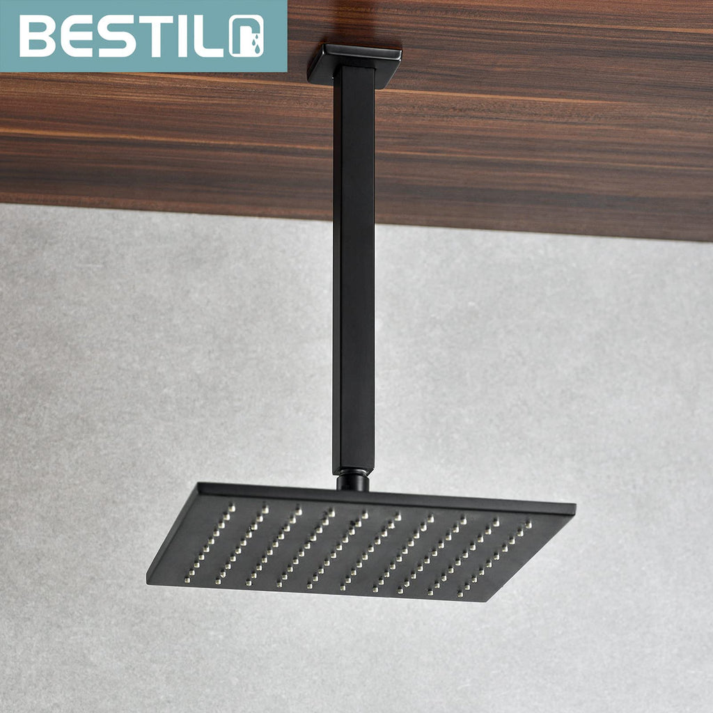 12 Inch Matte Black Ceiling Mount Shower Arm and Flange, Square Rain Shower Arm