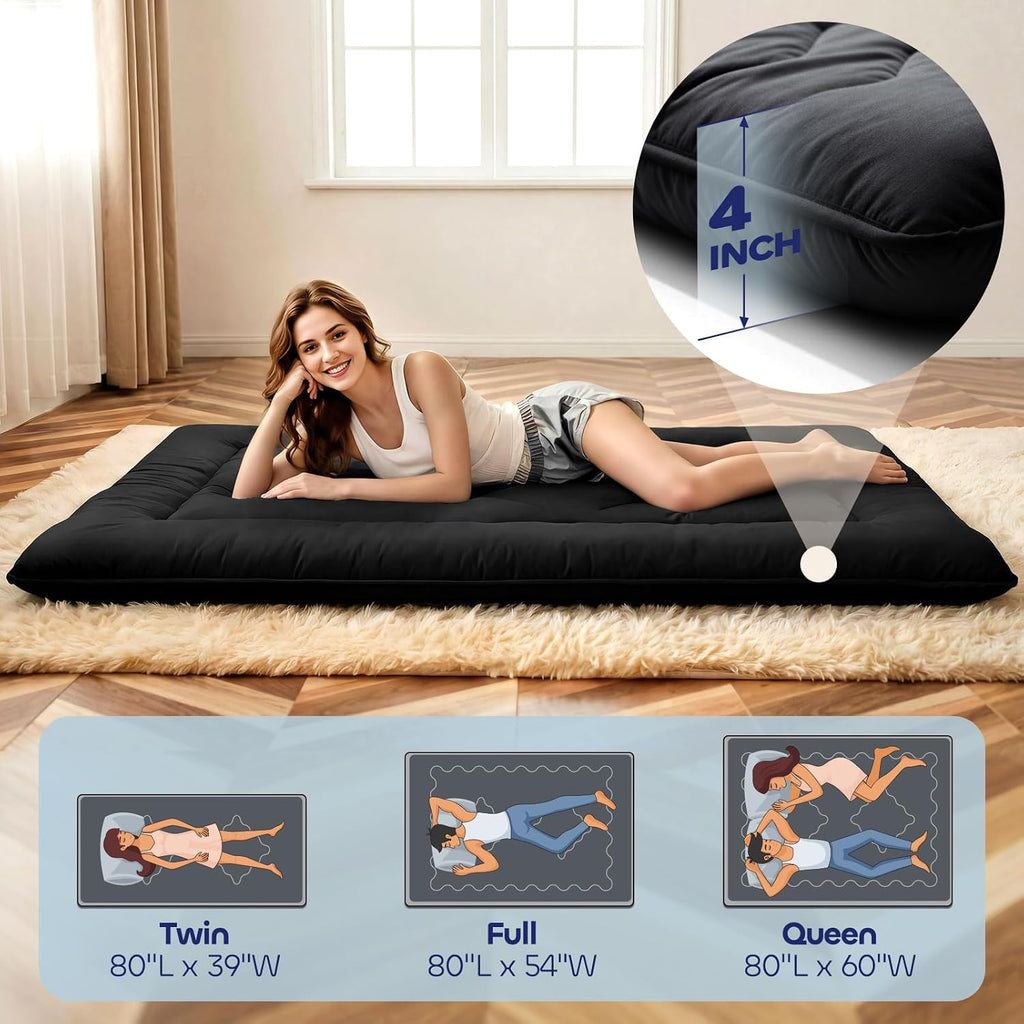 4" Thick Japanese Floor Mattress - Space Saving Foldable Floor Mattress for Guests, Dorms & Kids Rooms, Portable