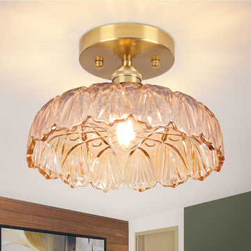 Hallway Lights Fixture Ceiling, Amber Semi Flush Mount Ceiling Lights, 9.4" Flower Light E26 Vintage Light Fixtures for