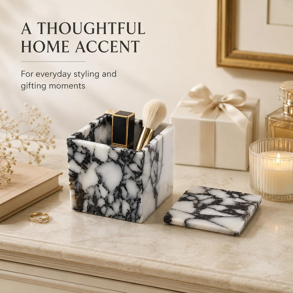 Natural Marble Square Storage Box with Lid, 3.94