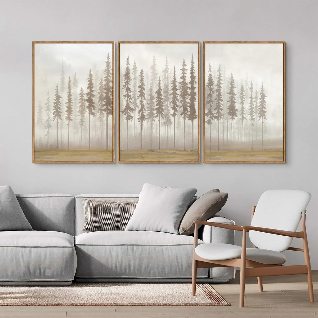 Large Pine Tree Framed Canvas Wall Art Set, Foggy Forest Landscape Wall Decor, Modern Beige Nature Artwork, Misty