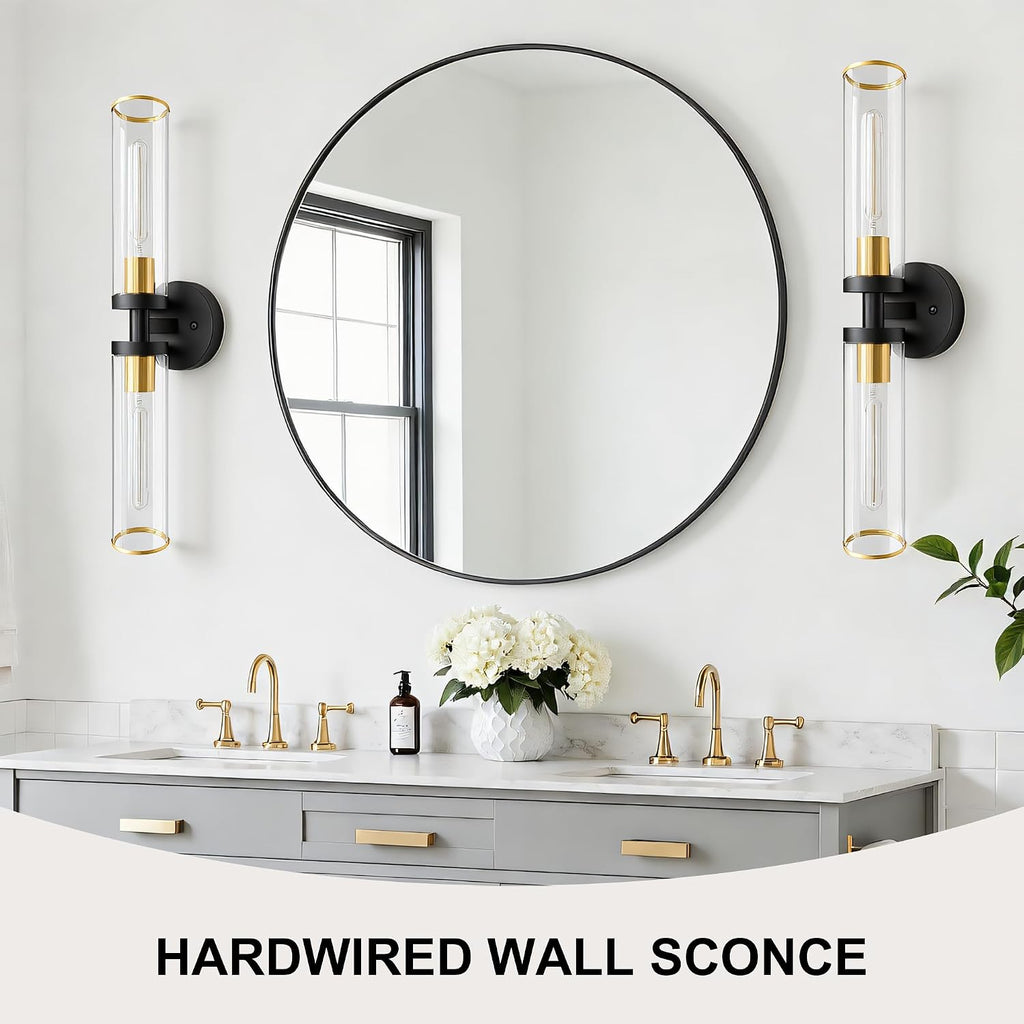 Wall Sconces Set of Two, Black and Gold Bathroom Wall Sconces with Clear Glass,Hardwired Modern Sconces Wall Decor